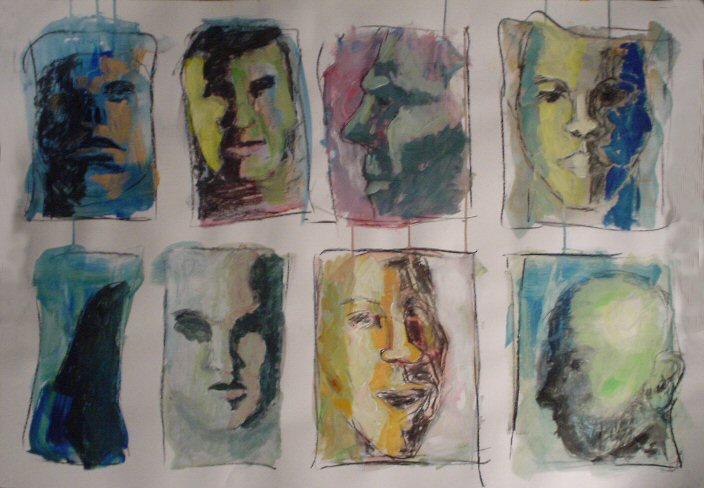 Acht geschilderde hoofden met houtskool en acrylverf door marije Brussee