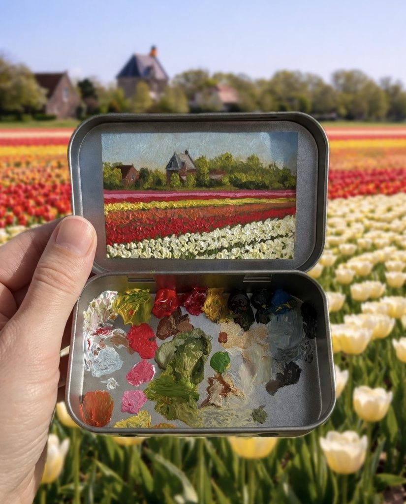 Blikvanger miniatuur schilderij in blikje met bijbehorende originele palet van bollenvelden met het huys dever bij lisse op de achtergrond